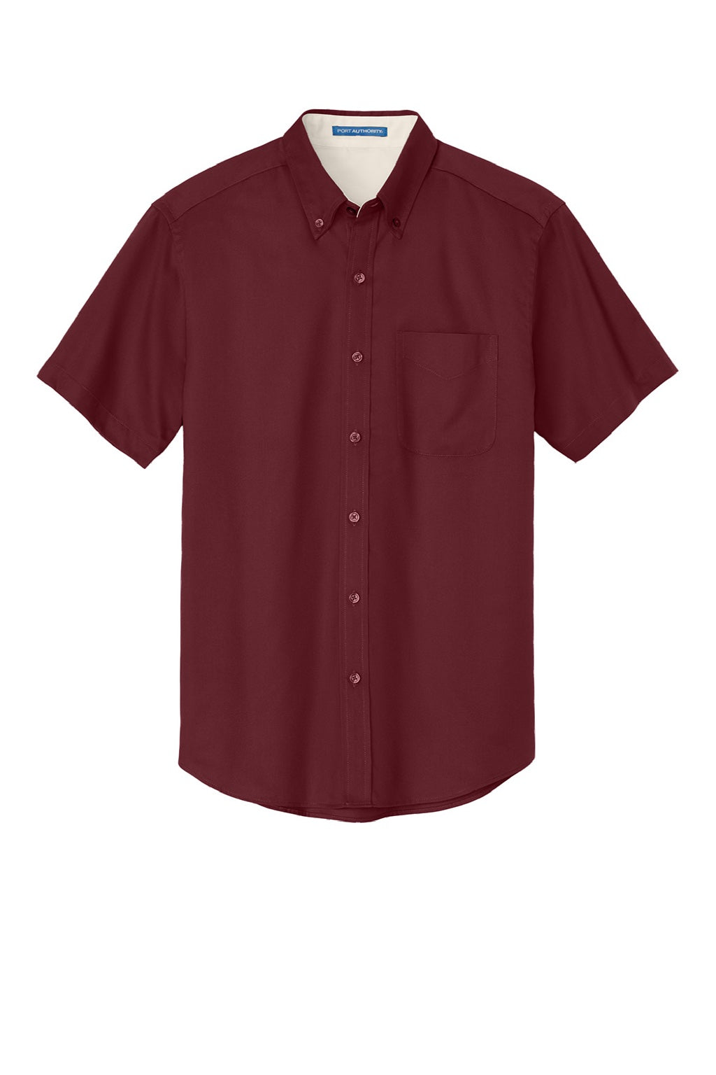 Port Authority S508/TLS508 Mens Easy Care Wrinkle Resistant Short Sleeve Button Down Shirt w/ Pocket Burgundy/Light Stone Flat Front