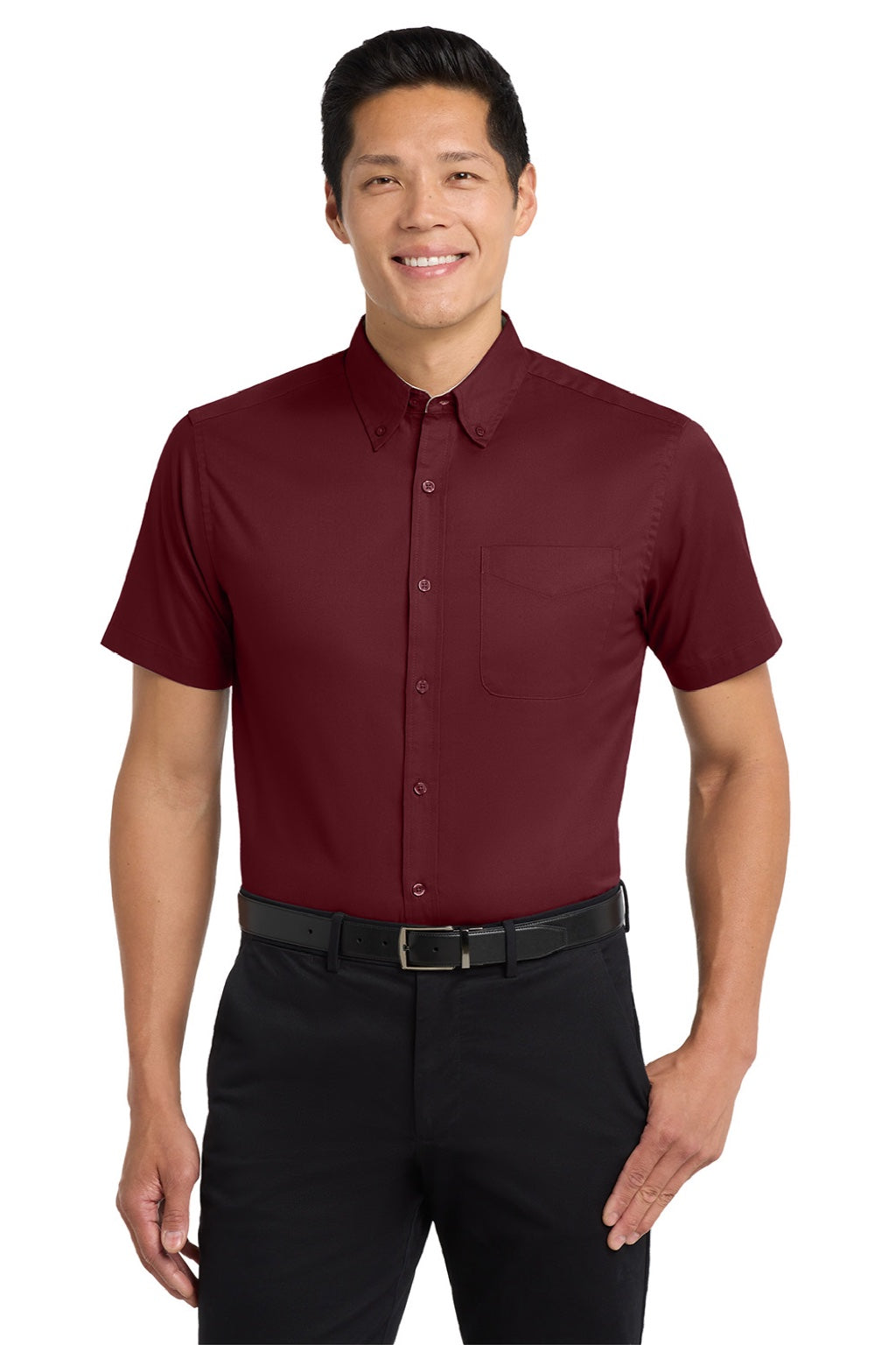 Port Authority S508/TLS508 Mens Easy Care Wrinkle Resistant Short Sleeve Button Down Shirt w/ Pocket Burgundy/Light Stone Model Front