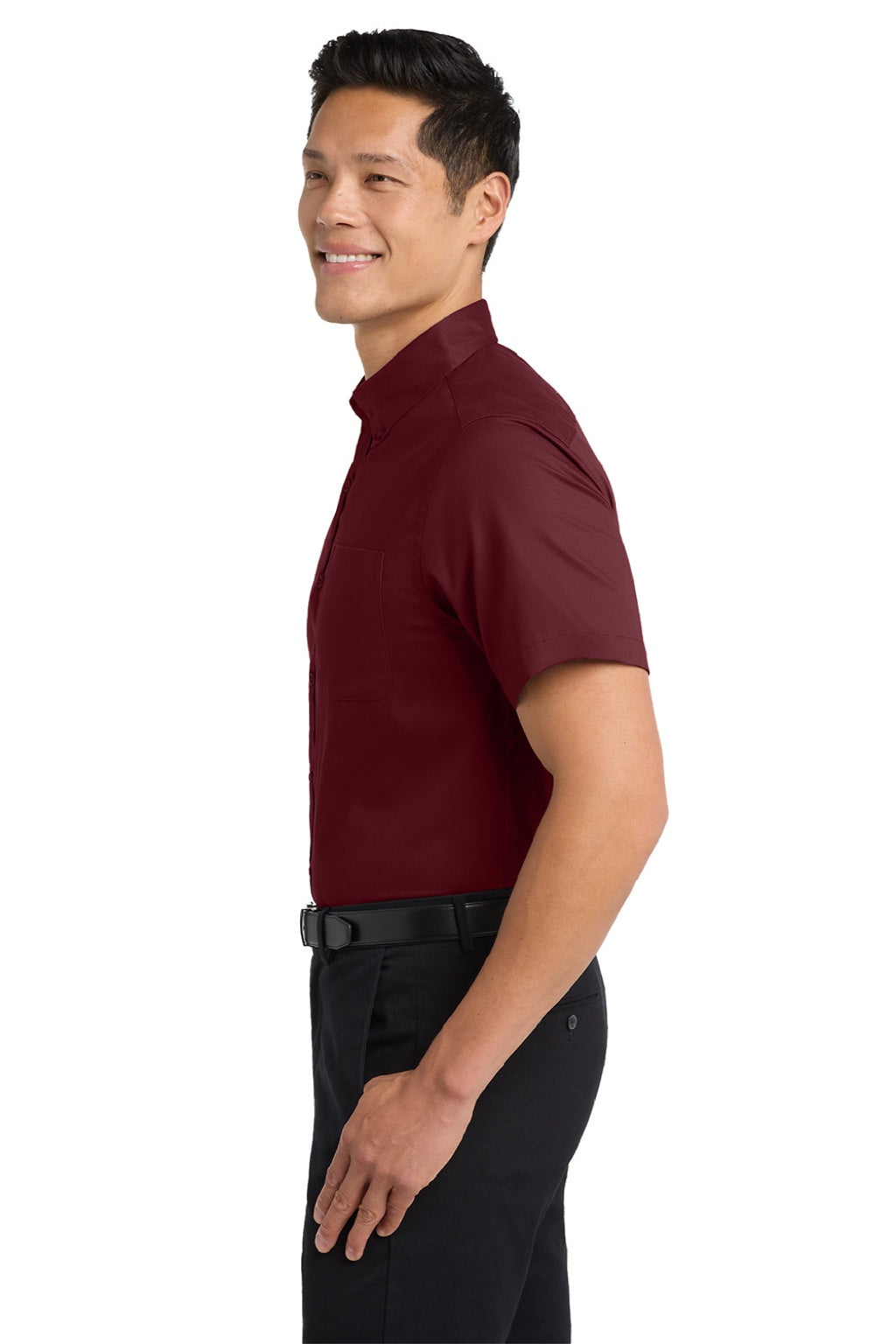 Port Authority S508/TLS508 Mens Easy Care Wrinkle Resistant Short Sleeve Button Down Shirt w/ Pocket Burgundy/Light Stone Model Side