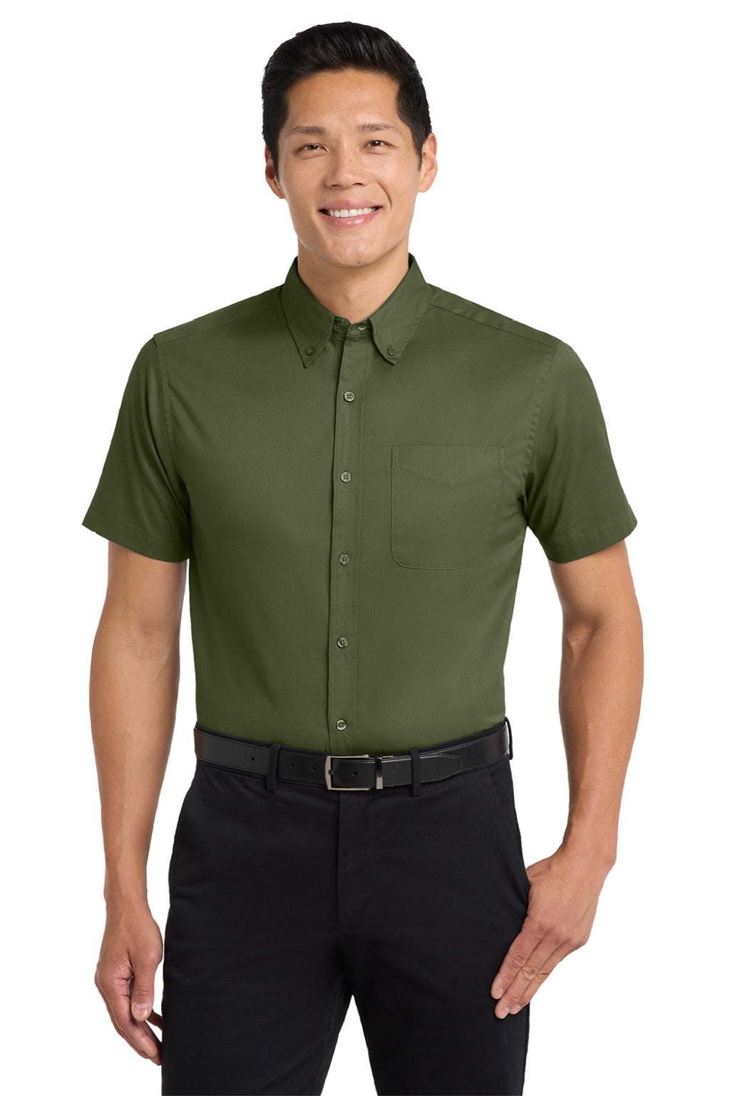 Port Authority S508/TLS508 Mens Easy Care Wrinkle Resistant Short Sleeve Button Down Shirt w/ Pocket Clover Green Model Front