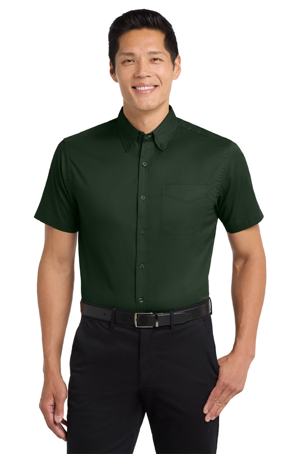 Port Authority S508/TLS508 Mens Easy Care Wrinkle Resistant Short Sleeve Button Down Shirt w/ Pocket Dark Green/Navy Blue Model Front