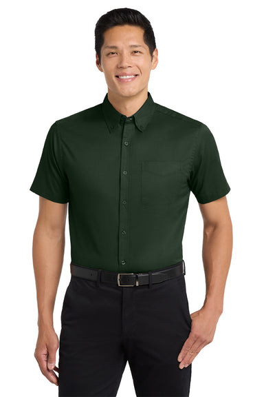 Port Authority S508/TLS508 Mens Easy Care Wrinkle Resistant Short Sleeve Button Down Shirt w/ Pocket Dark Green/Navy Blue Model Front