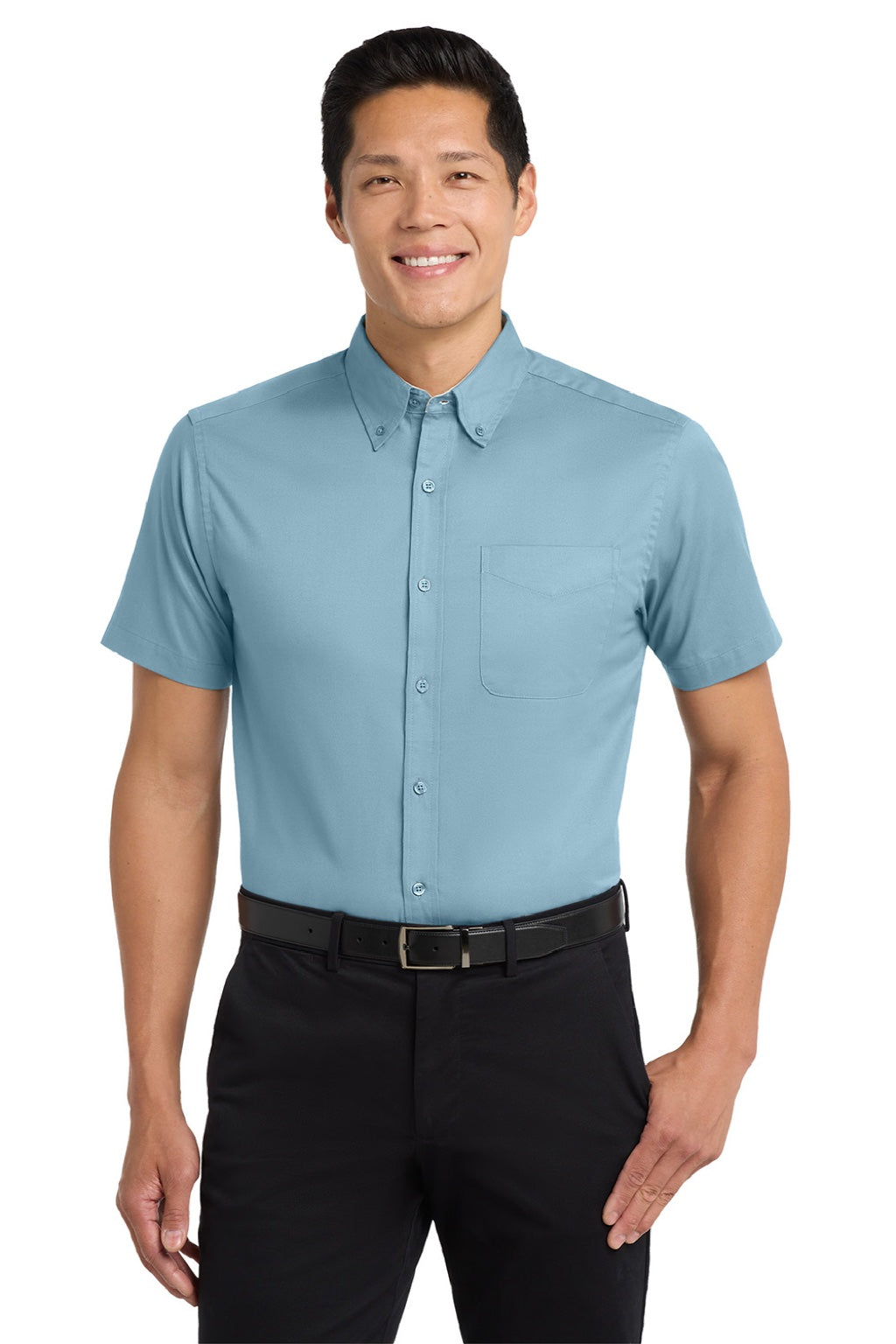 Port Authority S508/TLS508 Mens Easy Care Wrinkle Resistant Short Sleeve Button Down Shirt w/ Pocket Light Blue/Light Stone Model Front