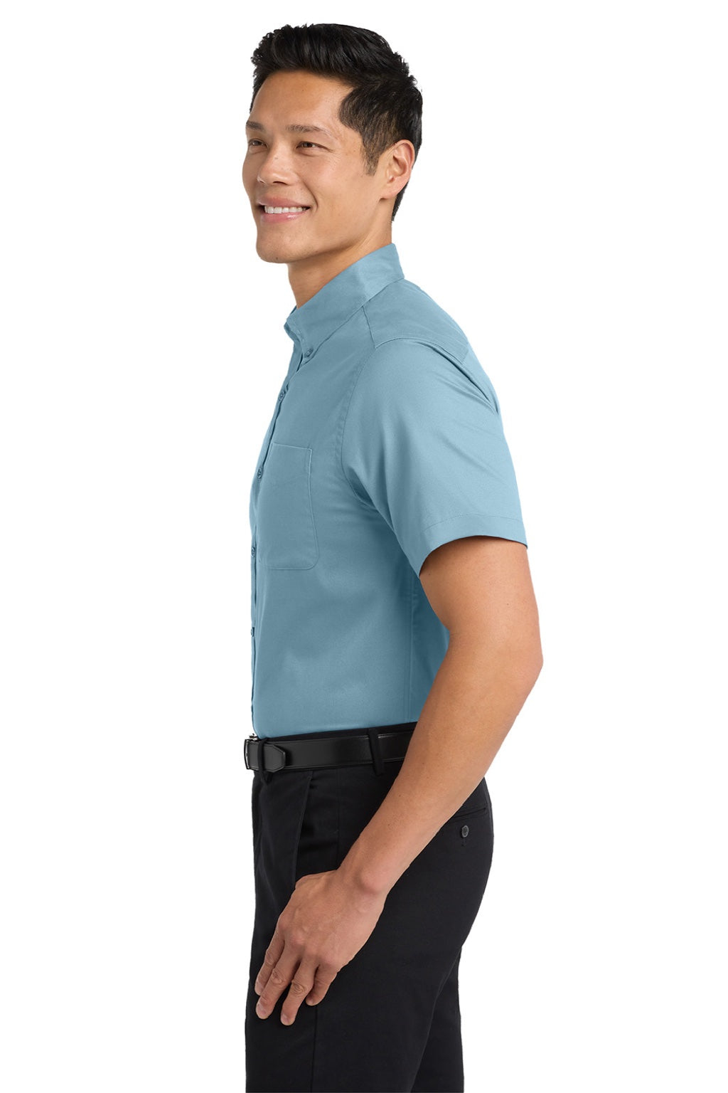Port Authority S508/TLS508 Mens Easy Care Wrinkle Resistant Short Sleeve Button Down Shirt w/ Pocket Light Blue/Light Stone Model Side
