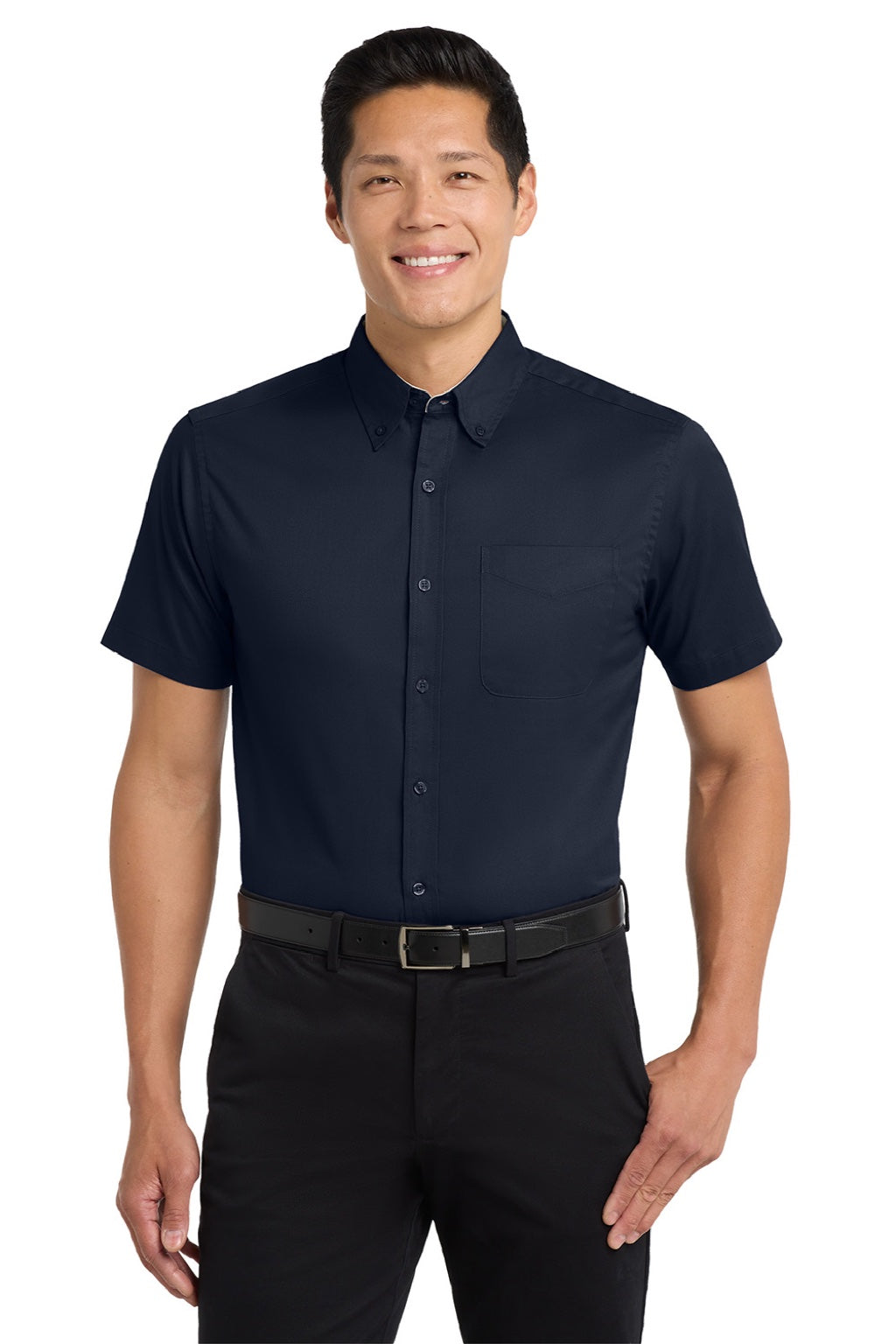 Port Authority S508/TLS508 Mens Easy Care Wrinkle Resistant Short Sleeve Button Down Shirt w/ Pocket Navy Blue/Light Stone Model Front