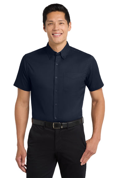 Port Authority S508/TLS508 Mens Easy Care Wrinkle Resistant Short Sleeve Button Down Shirt w/ Pocket Navy Blue/Light Stone Model Front
