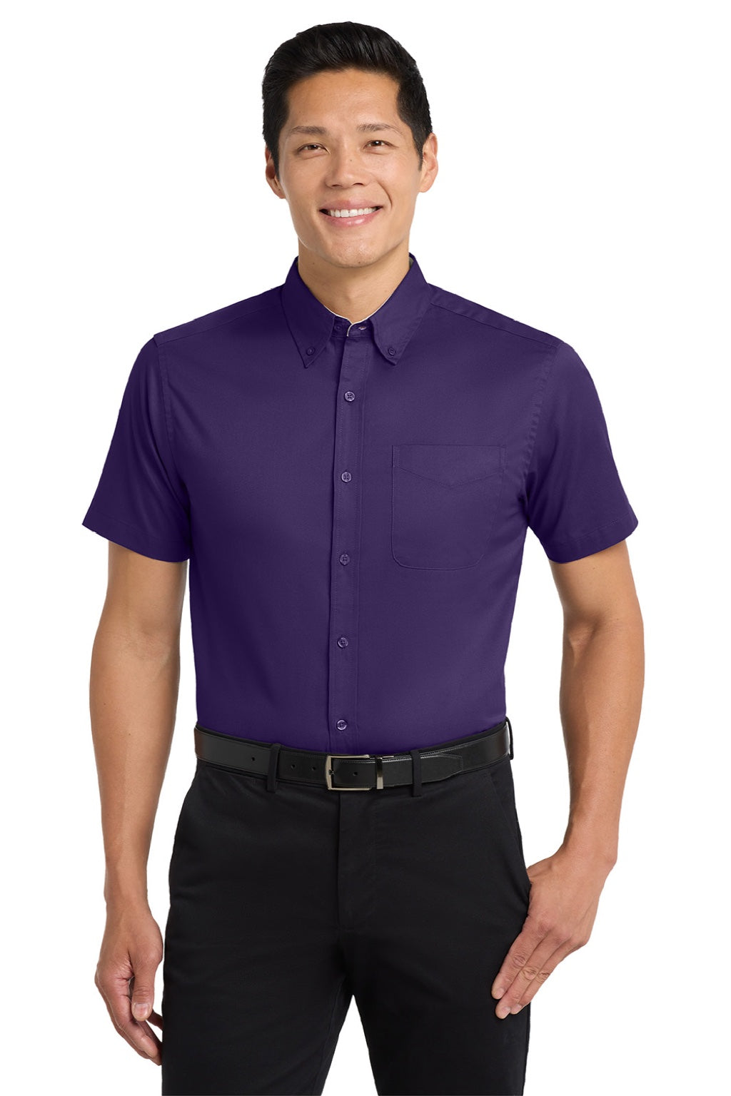 Port Authority S508/TLS508 Mens Easy Care Wrinkle Resistant Short Sleeve Button Down Shirt w/ Pocket Purple/Light Stone Model Front