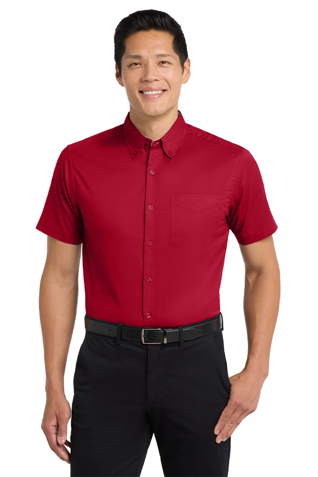 Port Authority S508/TLS508 Mens Easy Care Wrinkle Resistant Short Sleeve Button Down Shirt w/ Pocket Red/Light Stone Model Front