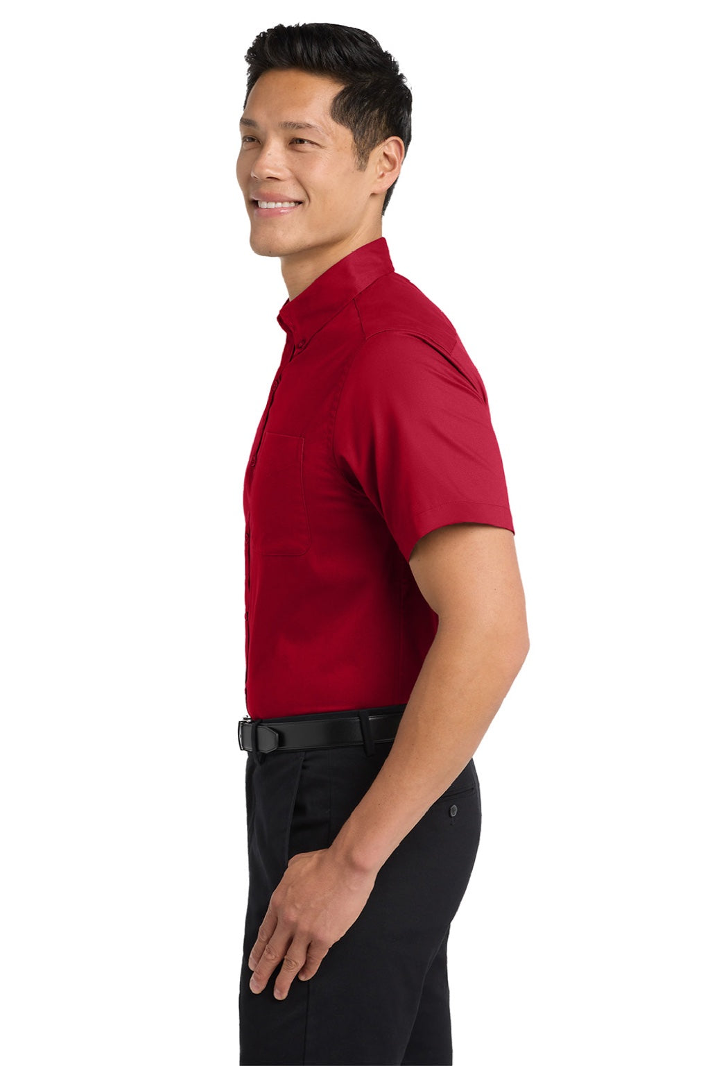 Port Authority S508/TLS508 Mens Easy Care Wrinkle Resistant Short Sleeve Button Down Shirt w/ Pocket Red/Light Stone Model Side