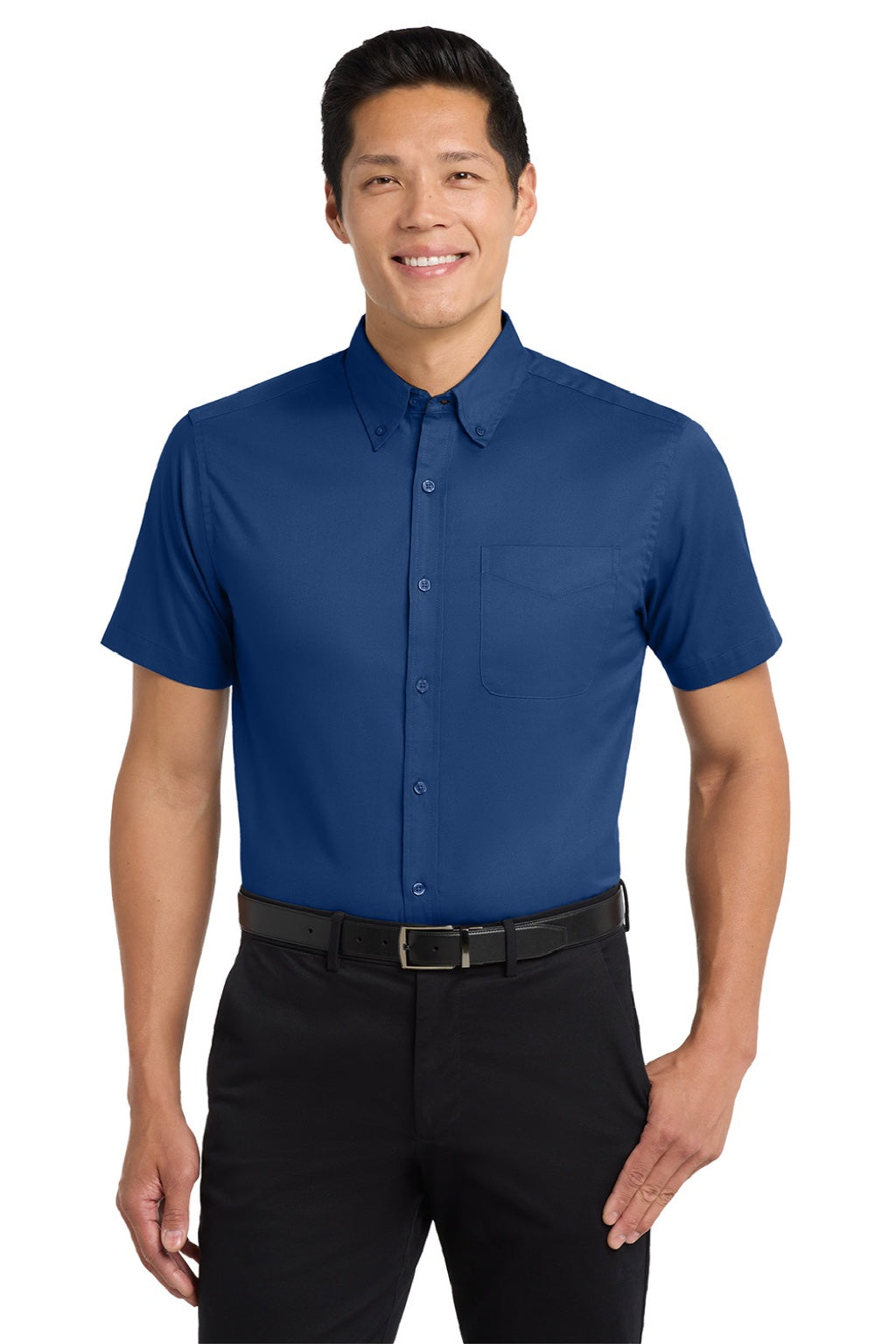 Port Authority S508/TLS508 Mens Easy Care Wrinkle Resistant Short Sleeve Button Down Shirt w/ Pocket Royal Blue/Navy Blue Model Front
