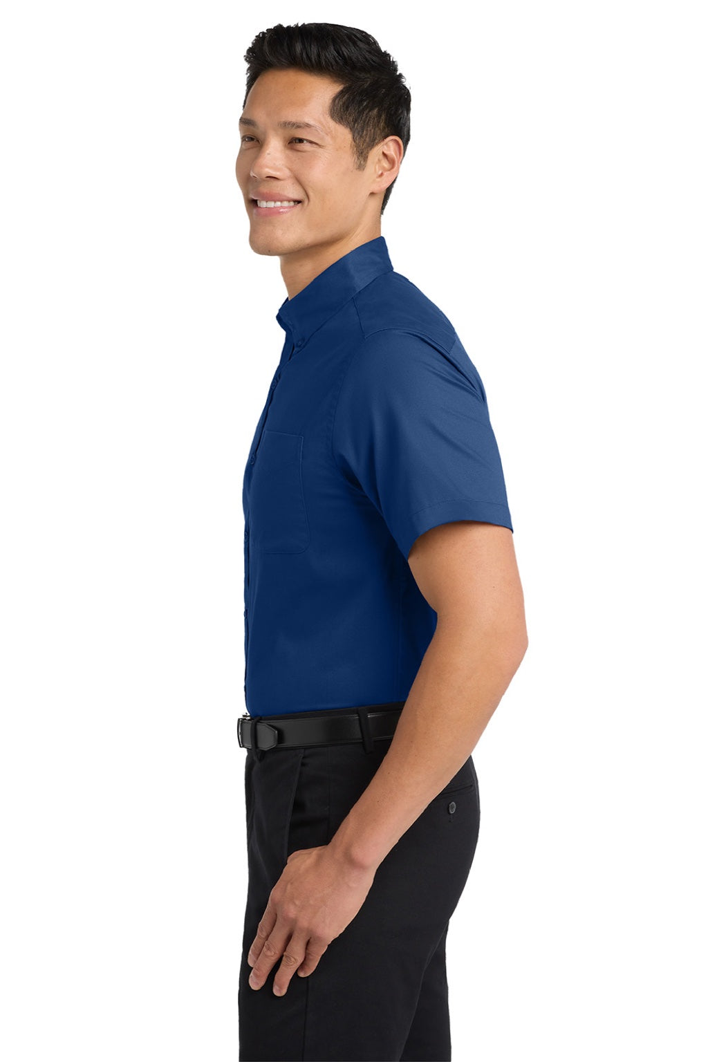 Port Authority S508/TLS508 Mens Easy Care Wrinkle Resistant Short Sleeve Button Down Shirt w/ Pocket Royal Blue/Navy Blue Model Side