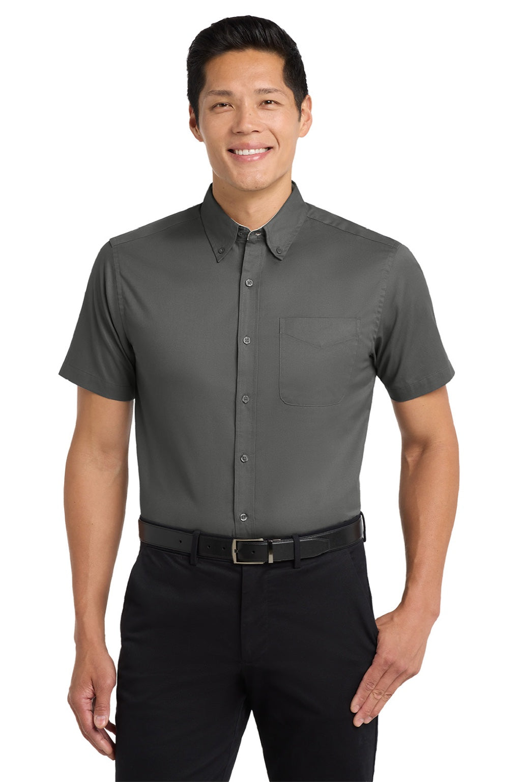 Port Authority S508/TLS508 Mens Easy Care Wrinkle Resistant Short Sleeve Button Down Shirt w/ Pocket Steel Grey/Light Sone Model Front