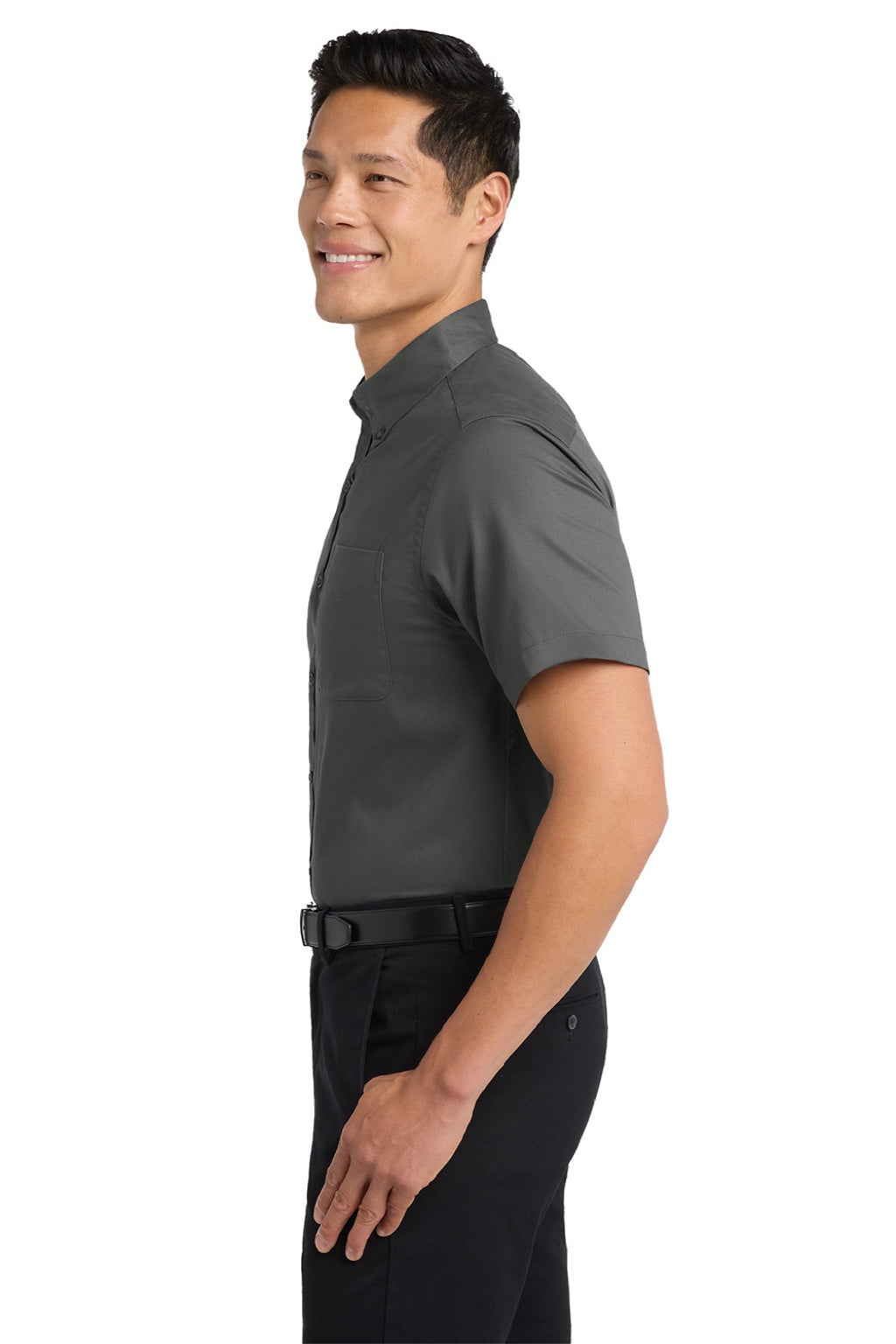 Port Authority S508/TLS508 Mens Easy Care Wrinkle Resistant Short Sleeve Button Down Shirt w/ Pocket Steel Grey/Light Sone Model Side