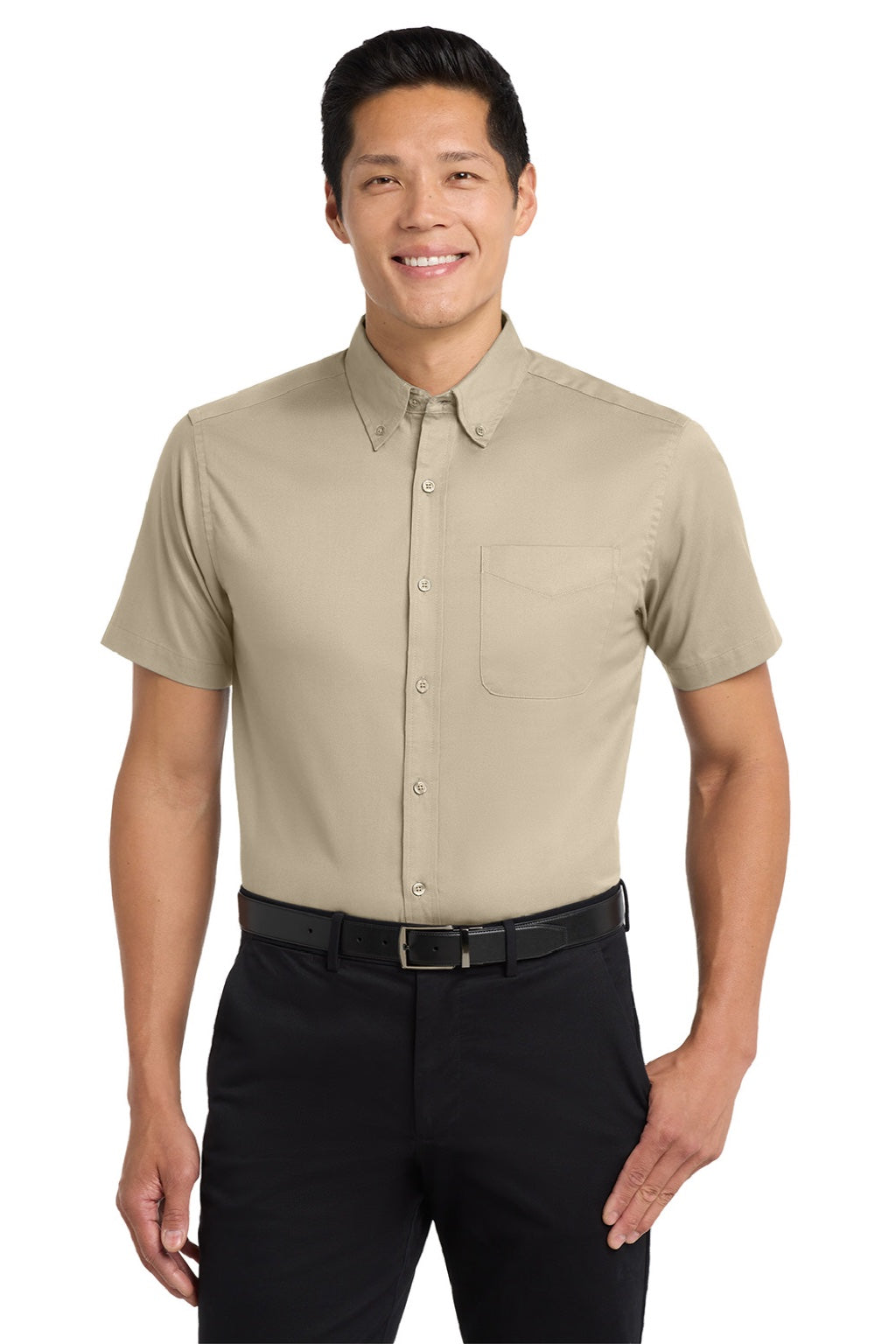 Port Authority S508/TLS508 Mens Easy Care Wrinkle Resistant Short Sleeve Button Down Shirt w/ Pocket Stone Brown Model Front