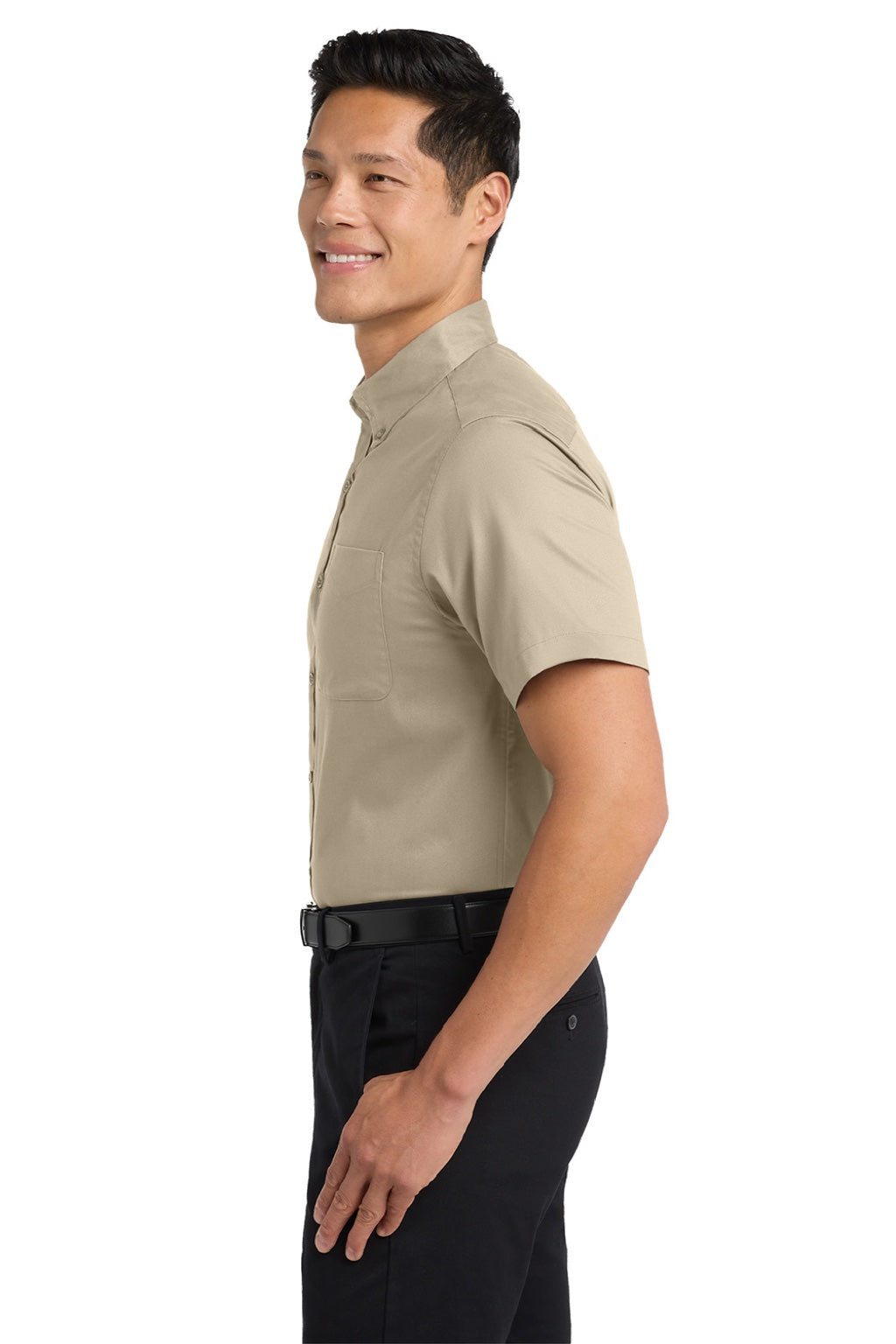 Port Authority S508/TLS508 Mens Easy Care Wrinkle Resistant Short Sleeve Button Down Shirt w/ Pocket Stone Brown Model Side