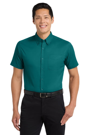 Port Authority S508/TLS508 Mens Easy Care Wrinkle Resistant Short Sleeve Button Down Shirt w/ Pocket Teal Green Model Front