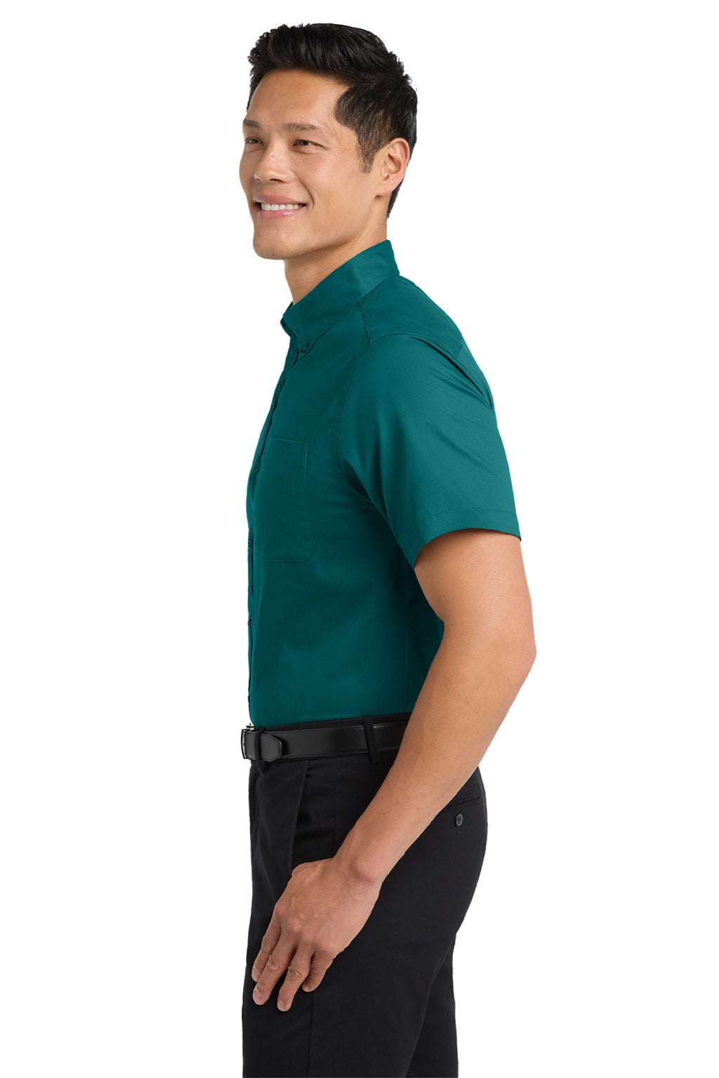 Port Authority S508/TLS508 Mens Easy Care Wrinkle Resistant Short Sleeve Button Down Shirt w/ Pocket Teal Green Model Side