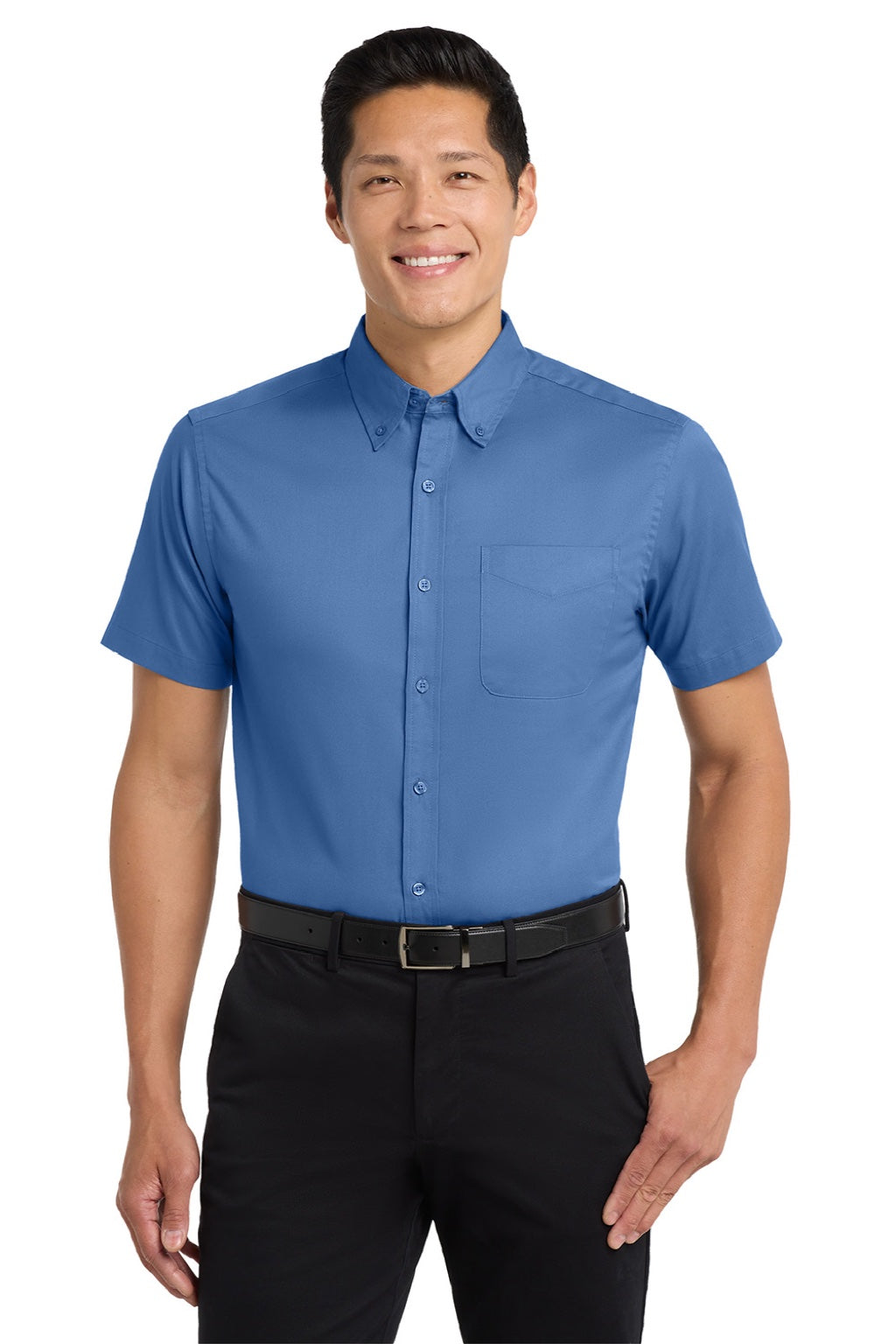 Port Authority S508/TLS508 Mens Easy Care Wrinkle Resistant Short Sleeve Button Down Shirt w/ Pocket Ultramarine Blue Model Front