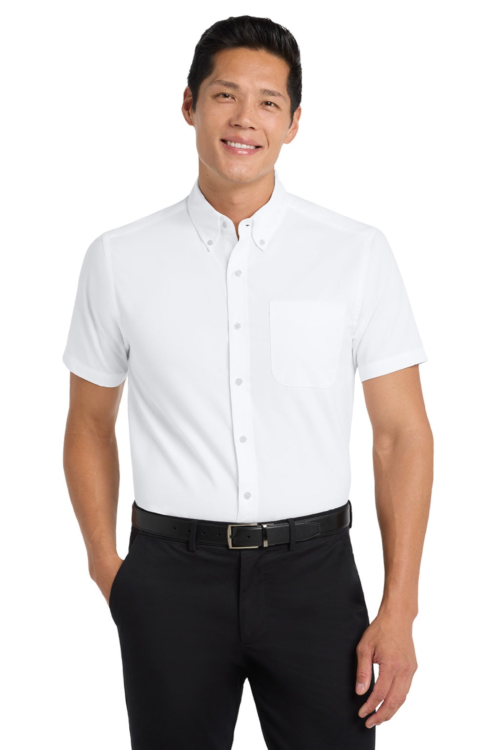 Port Authority S508/TLS508 Mens Easy Care Wrinkle Resistant Short Sleeve Button Down Shirt w/ Pocket White/Light Stone Model Front