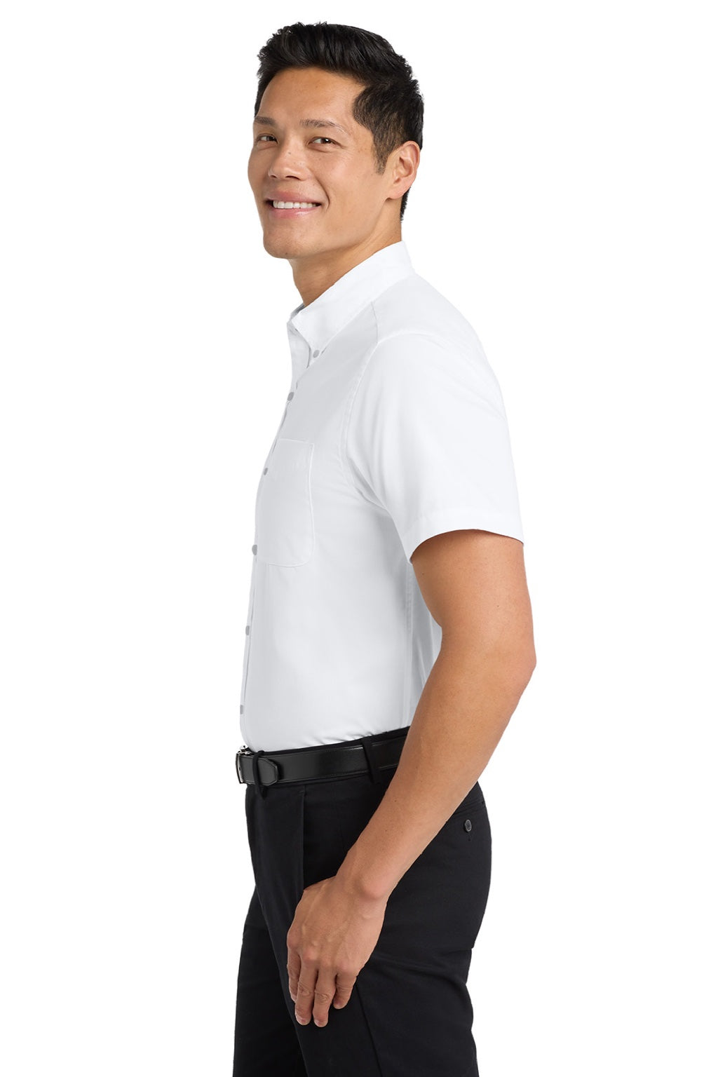 Port Authority S508/TLS508 Mens Easy Care Wrinkle Resistant Short Sleeve Button Down Shirt w/ Pocket White/Light Stone Model Side