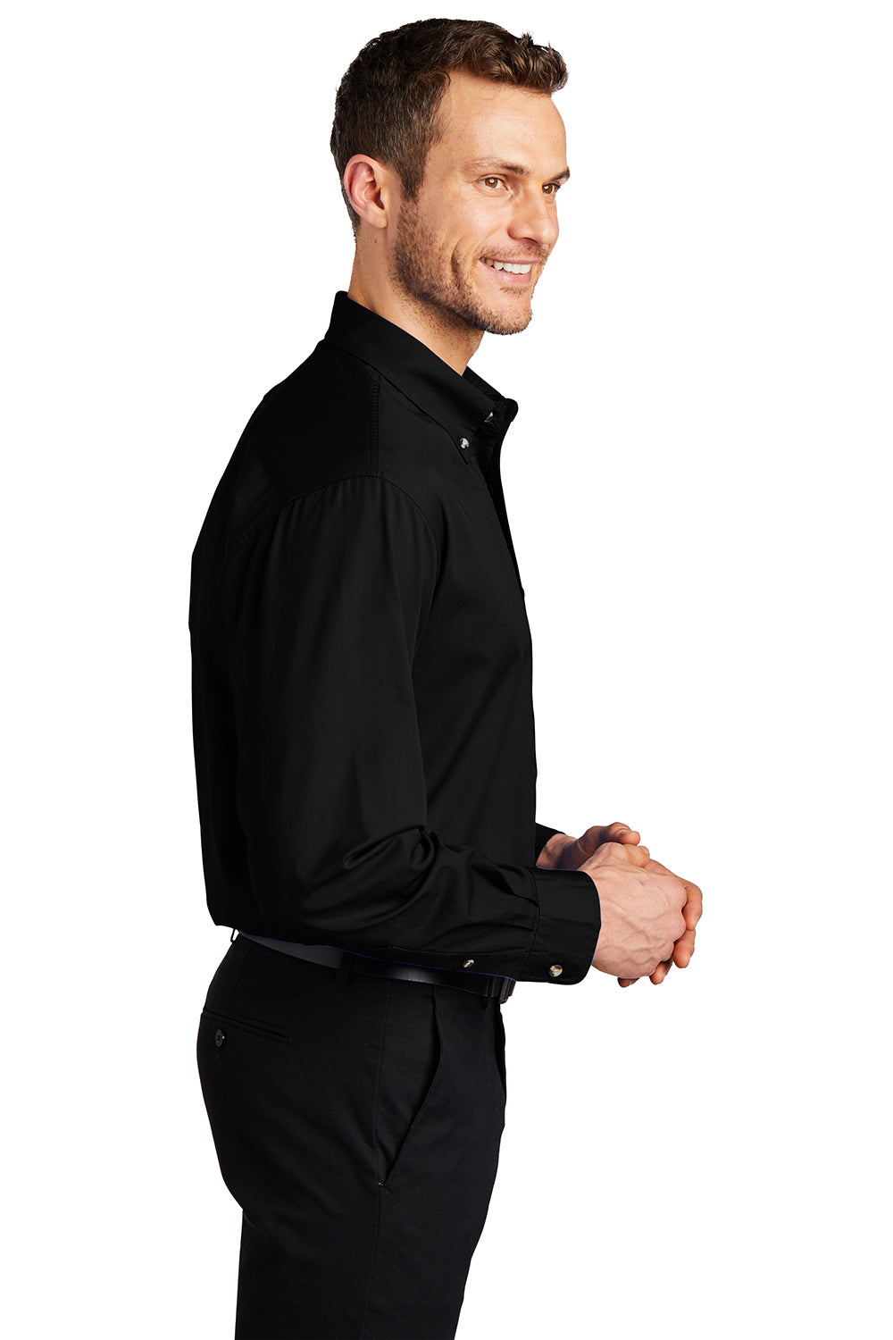 Port Authority S600T/TLS600T Mens Long Sleeve Button Down Shirt w/ Pocket Black Model Side
