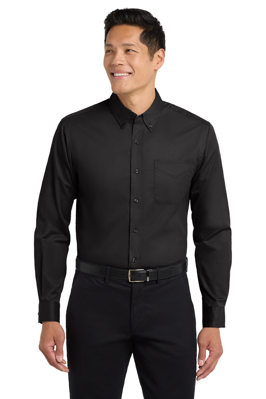 Port Authority S608/TLS608/S608ES Mens Easy Care Wrinkle Resistant Long Sleeve Button Down Shirt w/ Pocket Black/Light Stone Model Front