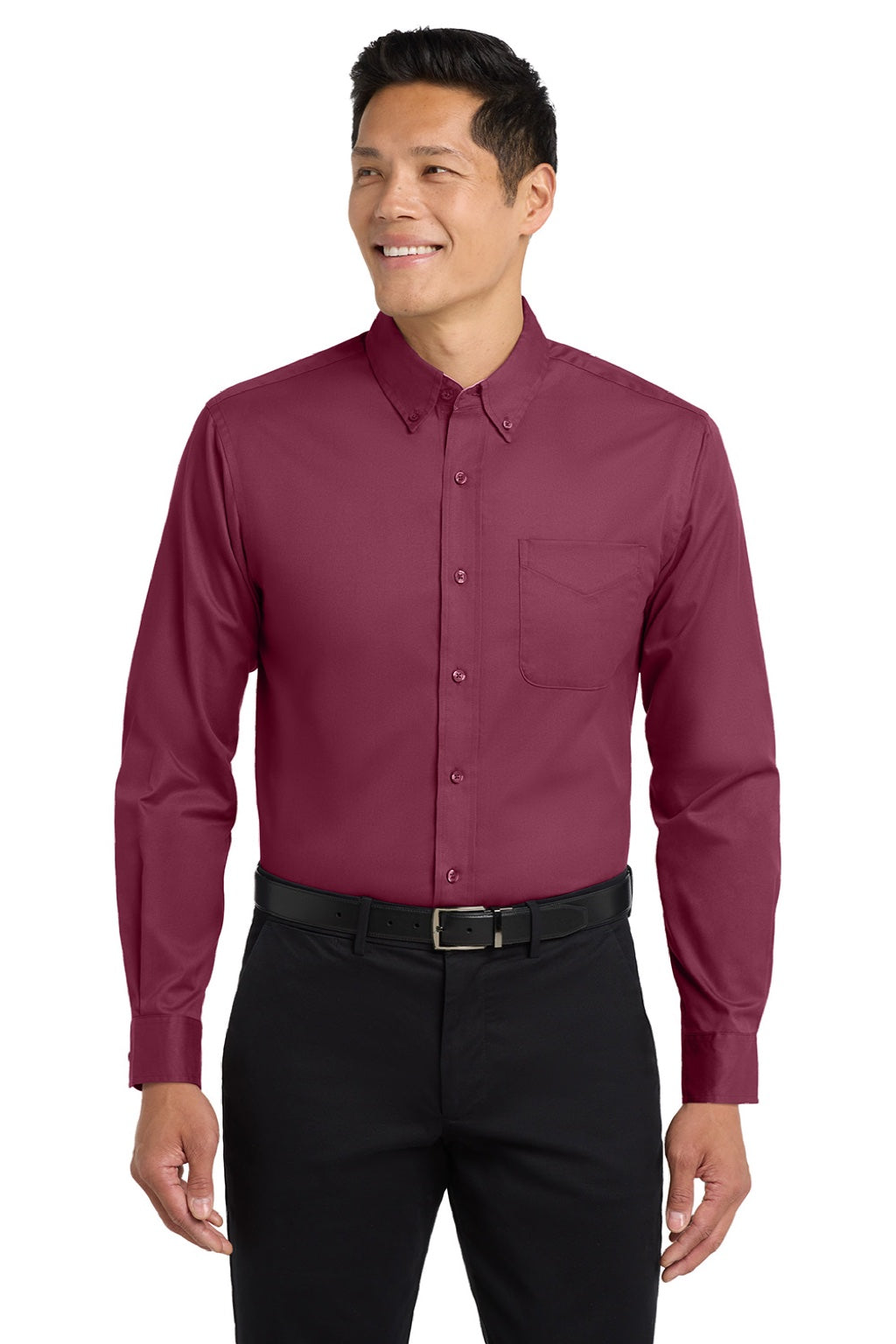 Port Authority S608/TLS608/S608ES Mens Easy Care Wrinkle Resistant Long Sleeve Button Down Shirt w/ Pocket Burgundy/Light Stone Model Front