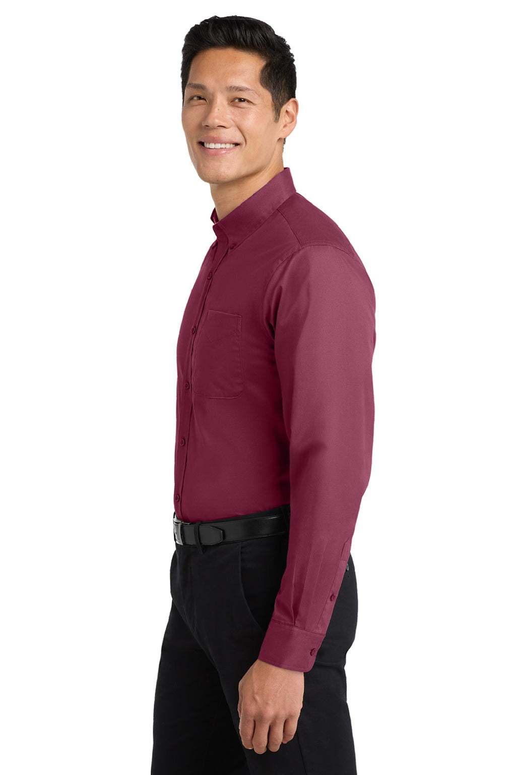 Port Authority S608/TLS608/S608ES Mens Easy Care Wrinkle Resistant Long Sleeve Button Down Shirt w/ Pocket Burgundy/Light Stone Model Side