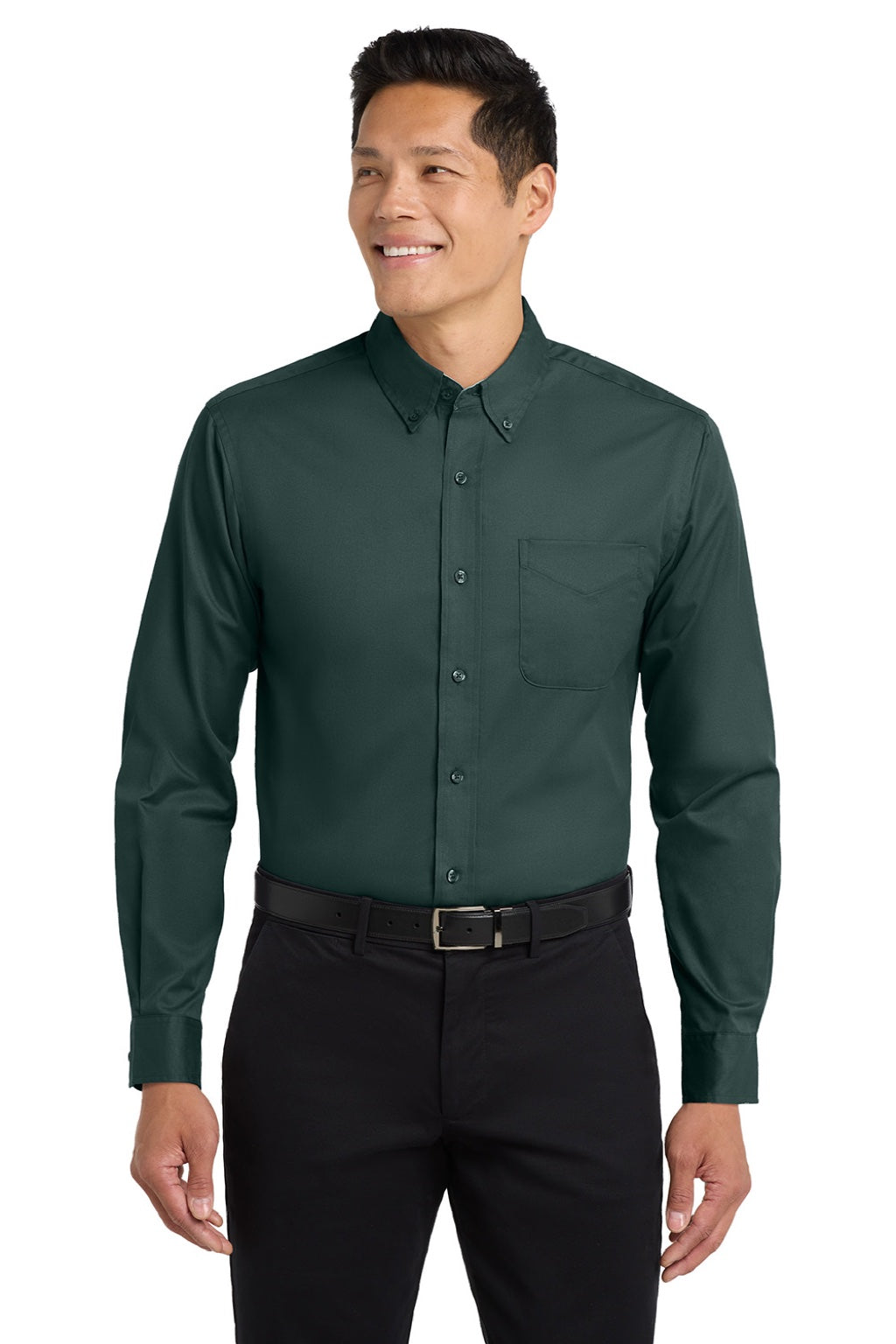 Port Authority S608/TLS608/S608ES Mens Easy Care Wrinkle Resistant Long Sleeve Button Down Shirt w/ Pocket Dark Green/Navy Blue Model Front