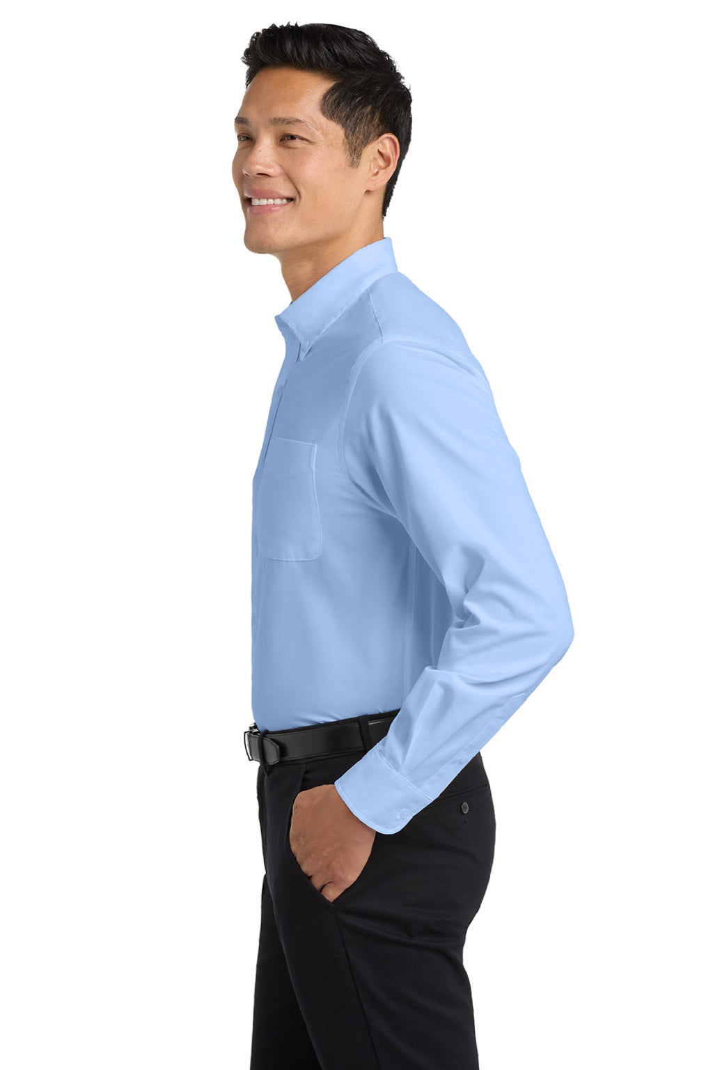Port Authority S608/TLS608/S608ES Mens Easy Care Wrinkle Resistant Long Sleeve Button Down Shirt w/ Pocket Light Blue/Light Stone Model Side