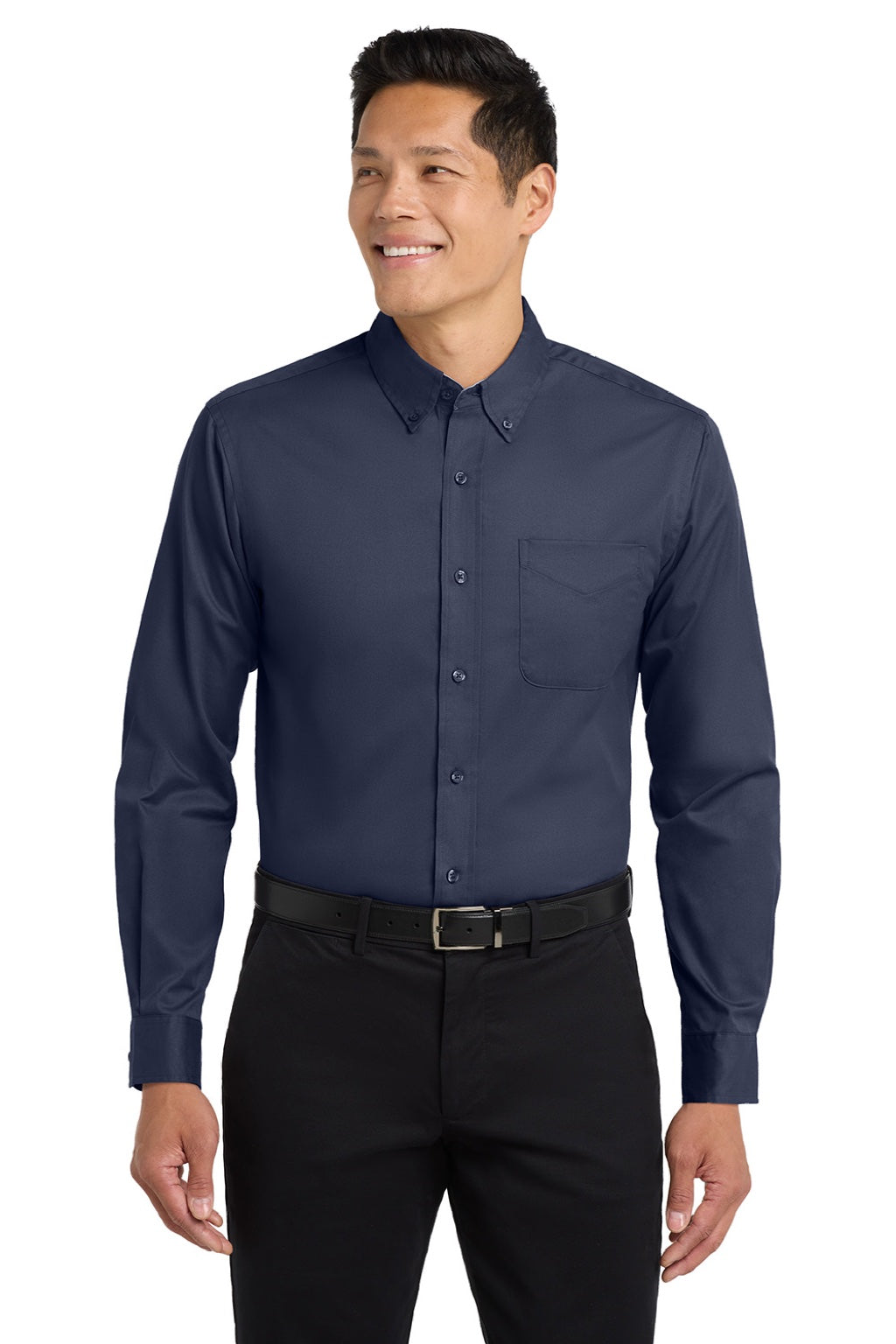 Port Authority S608/TLS608/S608ES Mens Easy Care Wrinkle Resistant Long Sleeve Button Down Shirt w/ Pocket Navy Blue/Light Stone Model Front