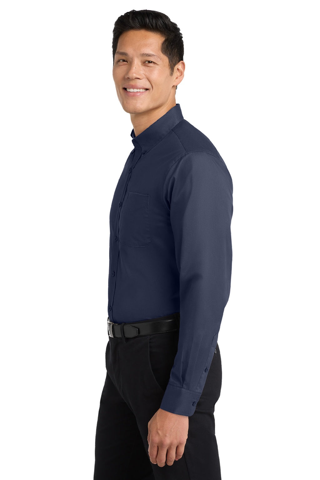Port Authority S608/TLS608/S608ES Mens Easy Care Wrinkle Resistant Long Sleeve Button Down Shirt w/ Pocket Navy Blue/Light Stone Model Side