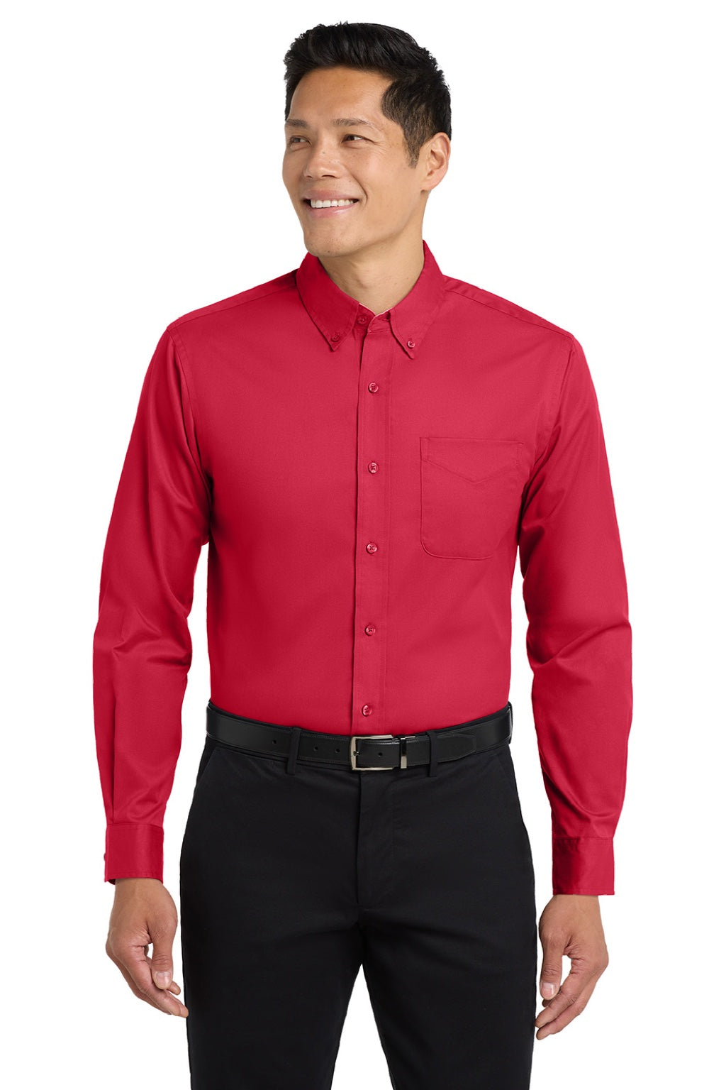 Port Authority S608/TLS608/S608ES Mens Easy Care Wrinkle Resistant Long Sleeve Button Down Shirt w/ Pocket Red/Light Stone Model Front