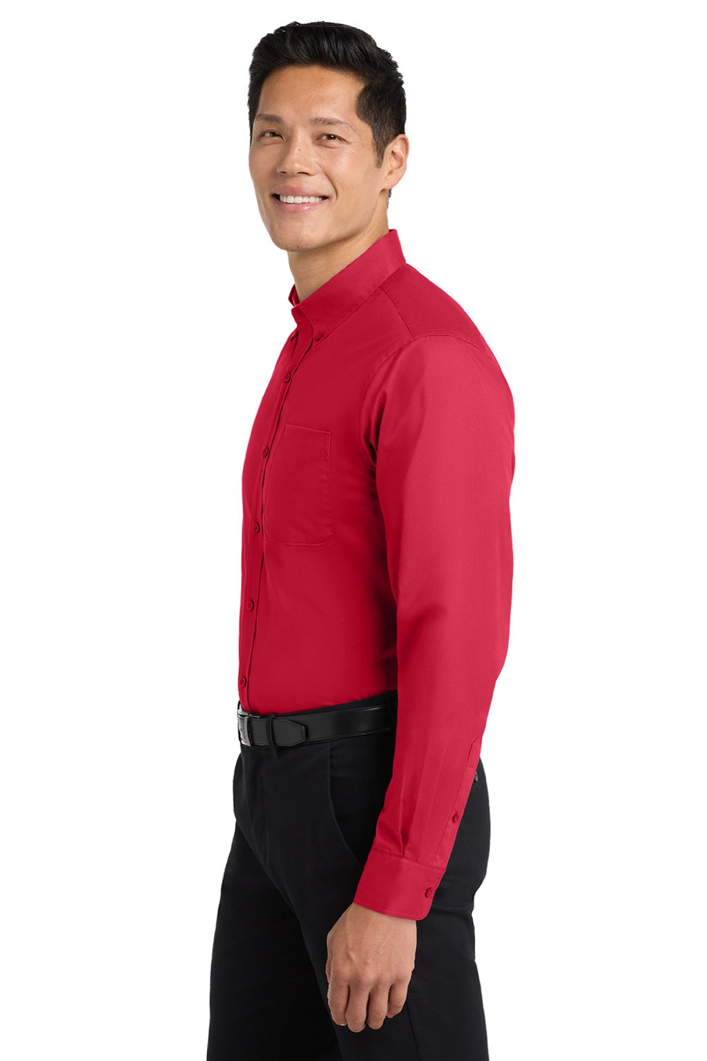 Port Authority S608/TLS608/S608ES Mens Easy Care Wrinkle Resistant Long Sleeve Button Down Shirt w/ Pocket Red/Light Stone Model Side