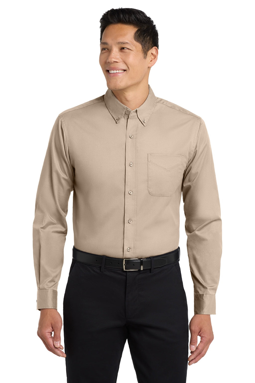 Port Authority S608/TLS608/S608ES Mens Easy Care Wrinkle Resistant Long Sleeve Button Down Shirt w/ Pocket Stone Brown Model Front