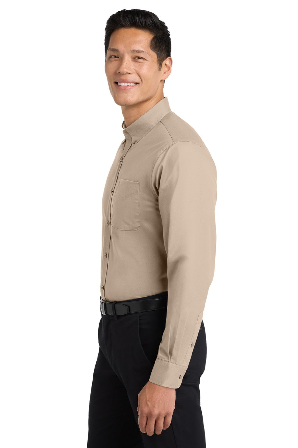 Port Authority S608/TLS608/S608ES Mens Easy Care Wrinkle Resistant Long Sleeve Button Down Shirt w/ Pocket Stone Brown Model Side