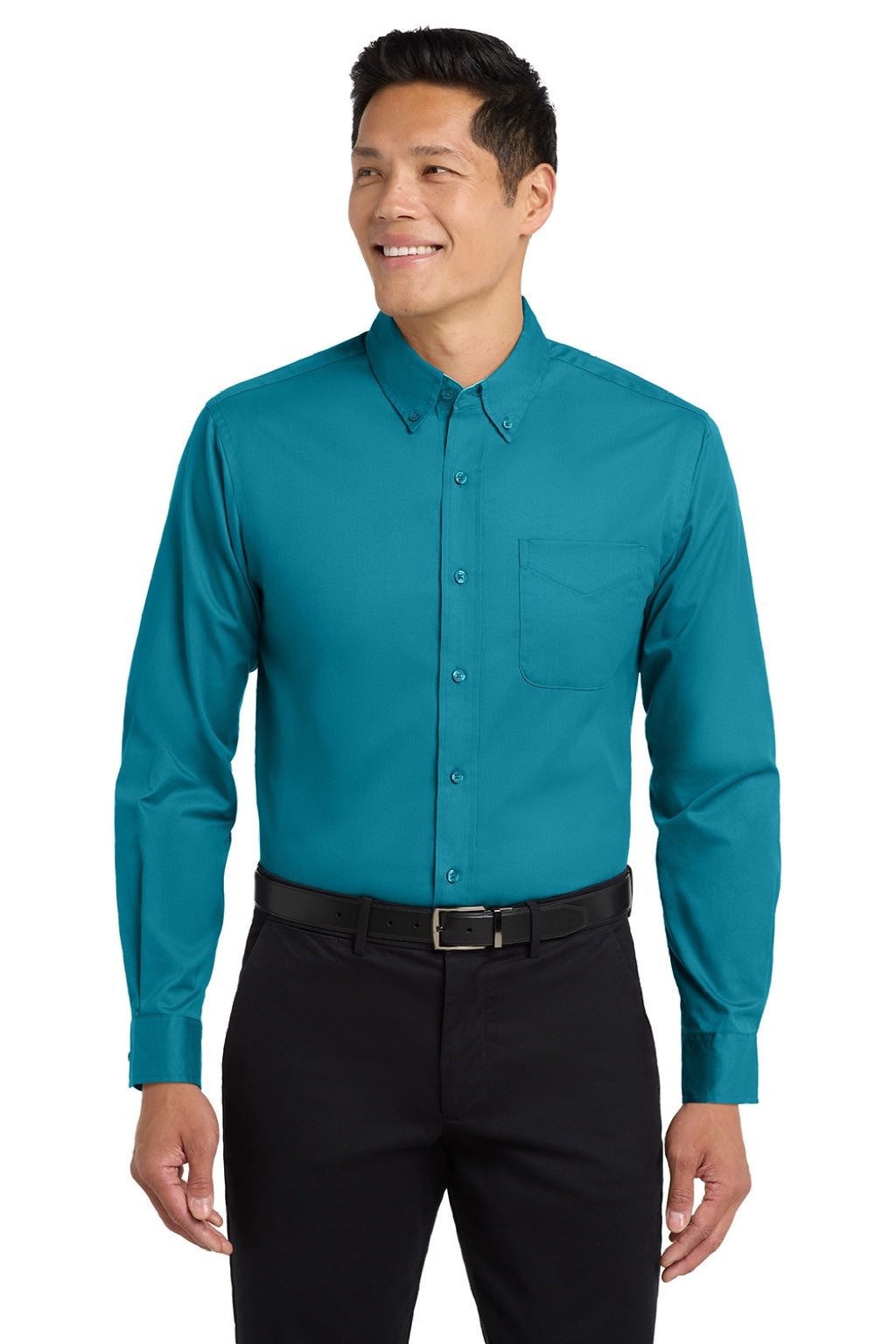 Port Authority S608/TLS608/S608ES Mens Easy Care Wrinkle Resistant Long Sleeve Button Down Shirt w/ Pocket Teal Green Model Front