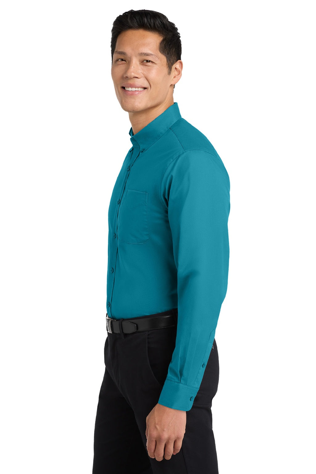 Port Authority S608/TLS608/S608ES Mens Easy Care Wrinkle Resistant Long Sleeve Button Down Shirt w/ Pocket Teal Green Model Side