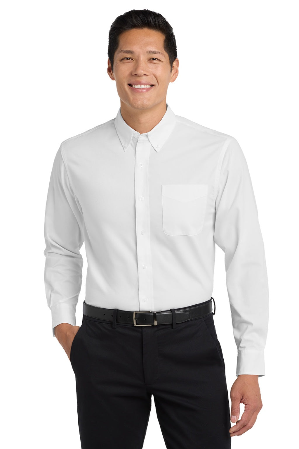 Port Authority S608/TLS608/S608ES Mens Easy Care Wrinkle Resistant Long Sleeve Button Down Shirt w/ Pocket White/Light Stone Model Front