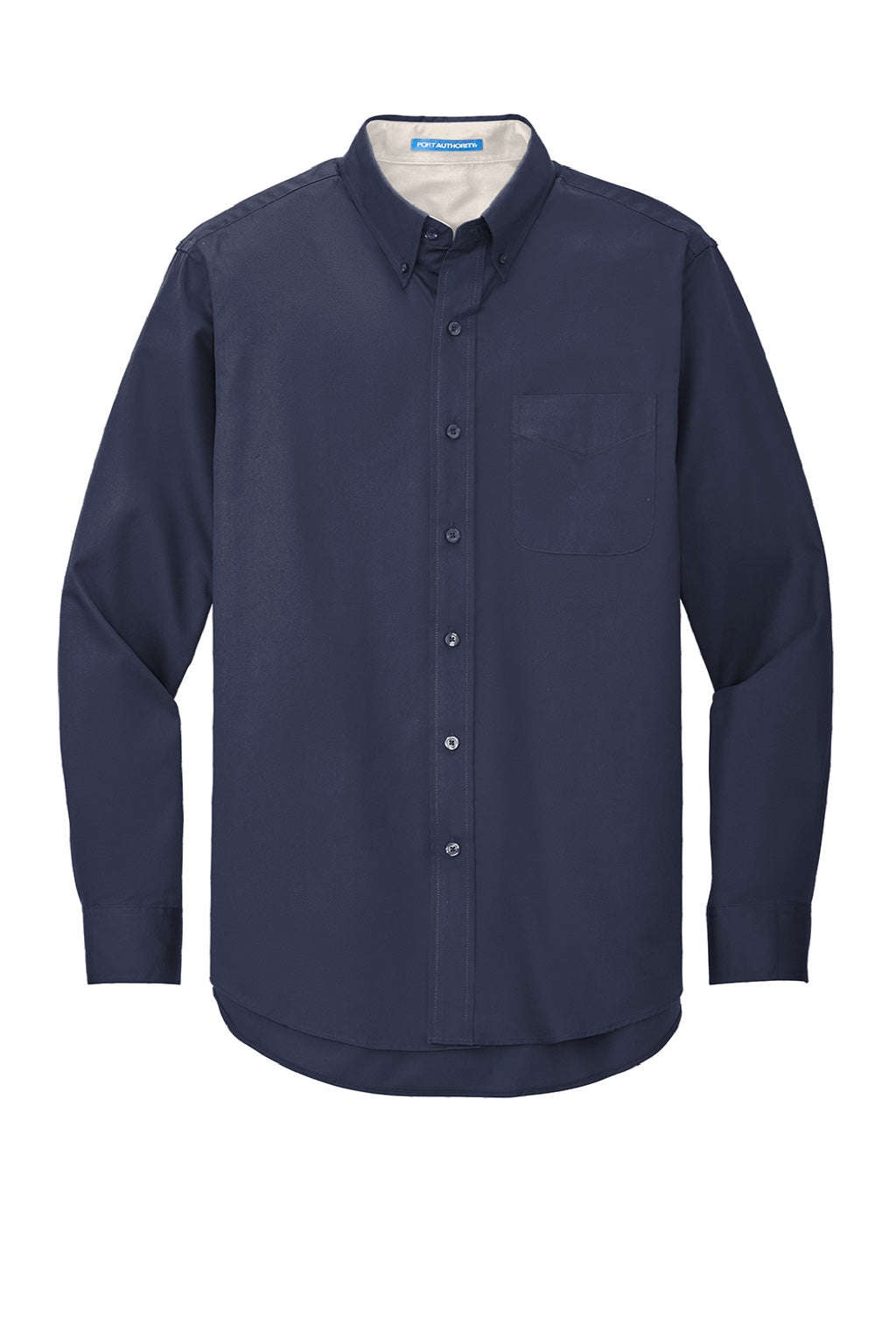 Port Authority S608/TLS608/S608ES Mens Easy Care Wrinkle Resistant Long Sleeve Button Down Shirt w/ Pocket Navy Blue/Light Stone Flat Front