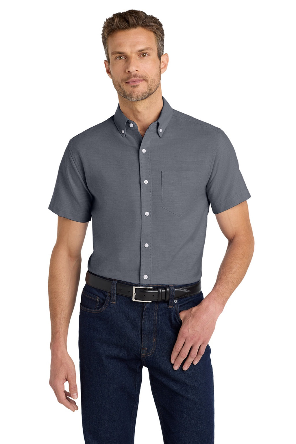Port Authority S659 Mens SuperPro Oxford Wrinkle Resistant Short Sleeve Button Down Shirt w/ Pocket Black Model Front
