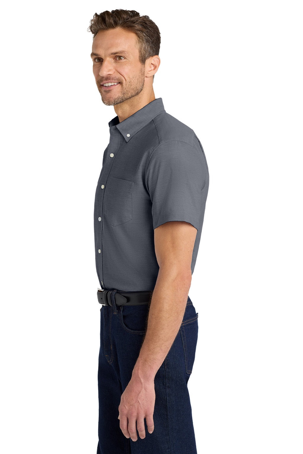 Port Authority S659 Mens SuperPro Oxford Wrinkle Resistant Short Sleeve Button Down Shirt w/ Pocket Black Model Side