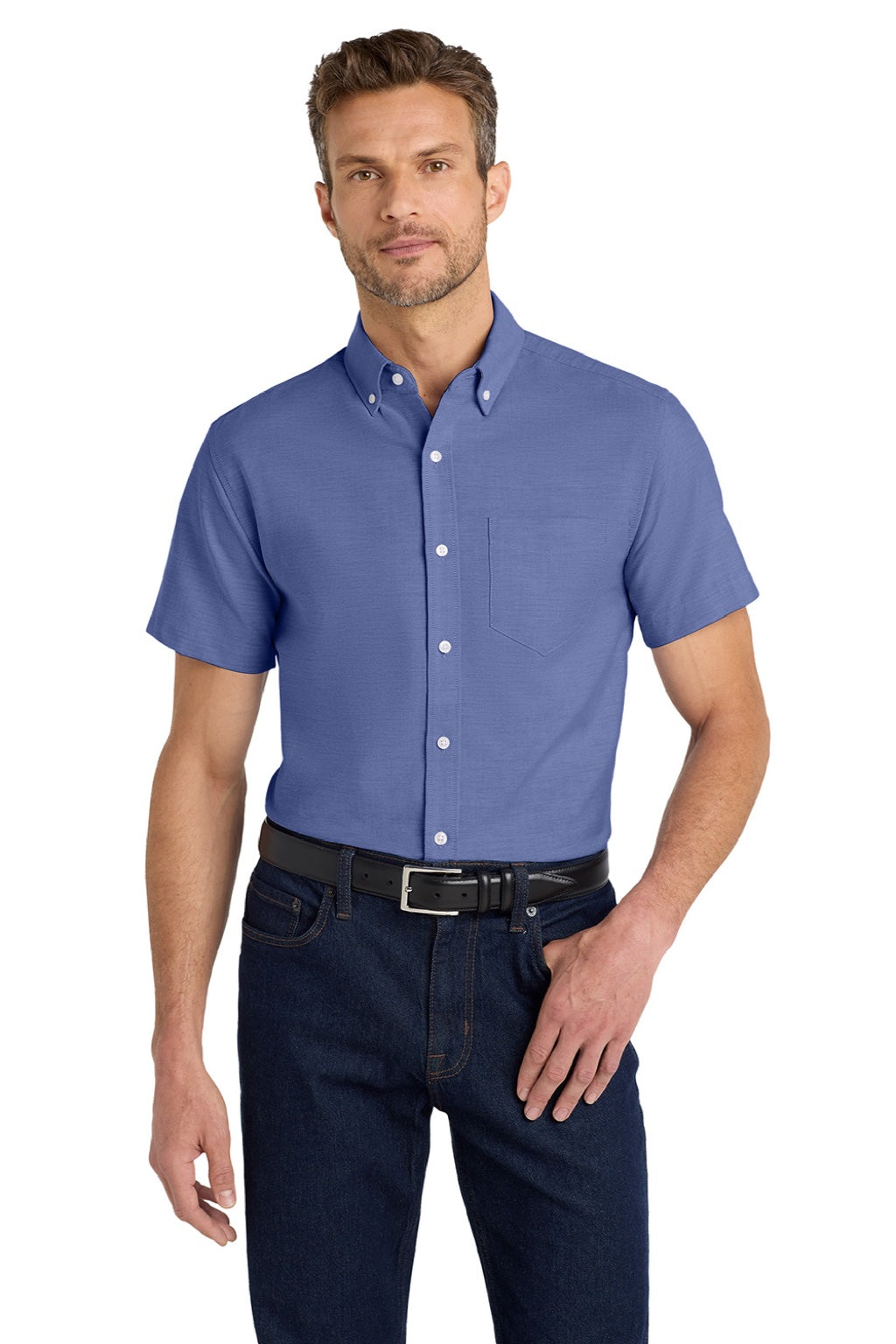 Port Authority S659 Mens SuperPro Oxford Wrinkle Resistant Short Sleeve Button Down Shirt w/ Pocket Navy Blue Model Front