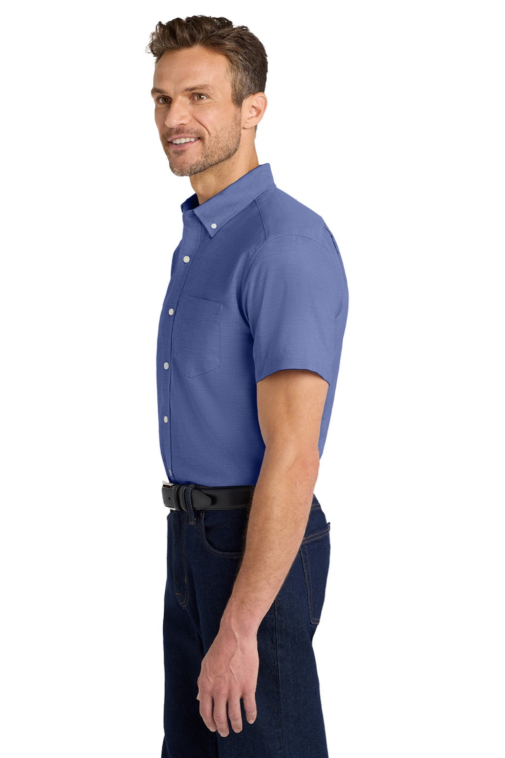 Port Authority S659 Mens SuperPro Oxford Wrinkle Resistant Short Sleeve Button Down Shirt w/ Pocket Navy Blue Model Side