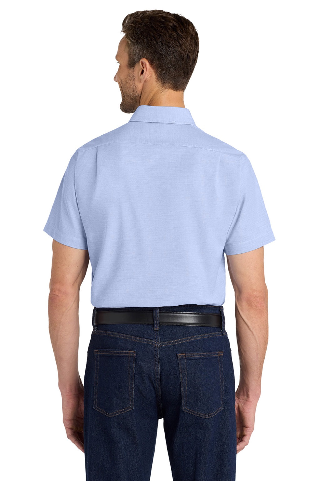 Port Authority S659 Mens SuperPro Oxford Wrinkle Resistant Short Sleeve Button Down Shirt w/ Pocket Oxford Blue Model Back