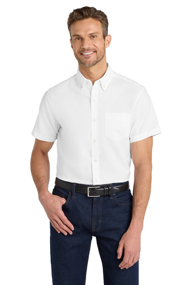 Port Authority S659 Mens SuperPro Oxford Wrinkle Resistant Short Sleeve Button Down Shirt w/ Pocket White Model Front