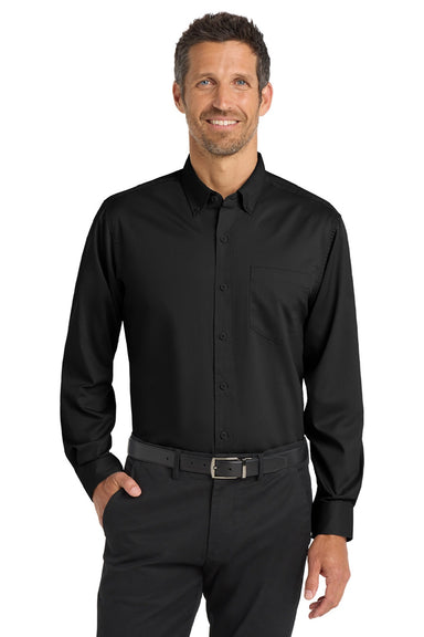 Port Authority S663/TS663 Mens SuperPro Wrinkle Resistant Long Sleeve Button Down Shirt w/ Pocket Black Model Front
