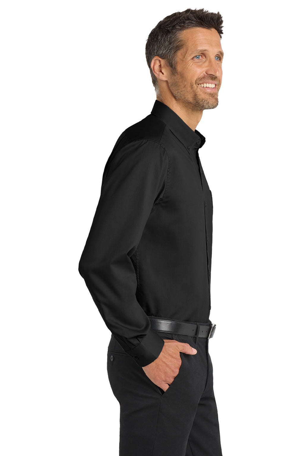 Port Authority S663/TS663 Mens SuperPro Wrinkle Resistant Long Sleeve Button Down Shirt w/ Pocket Black Model Side