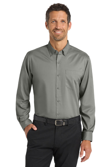Port Authority S663/TS663 Mens SuperPro Wrinkle Resistant Long Sleeve Button Down Shirt w/ Pocket Monument Grey Model Front