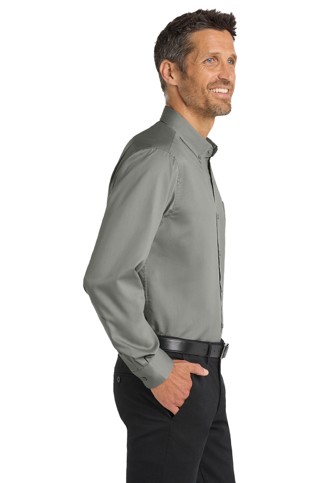 Port Authority S663/TS663 Mens SuperPro Wrinkle Resistant Long Sleeve Button Down Shirt w/ Pocket Monument Grey Model Side